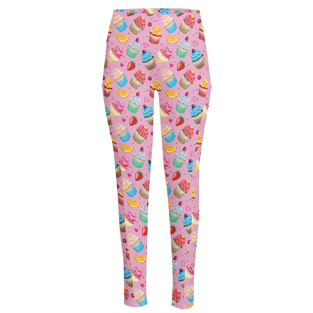 Watercolor Cupcake Pattern Print High-Waisted Pocket Leggings