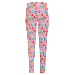 Watercolor Cupcake Pattern Print High-Waisted Pocket Leggings