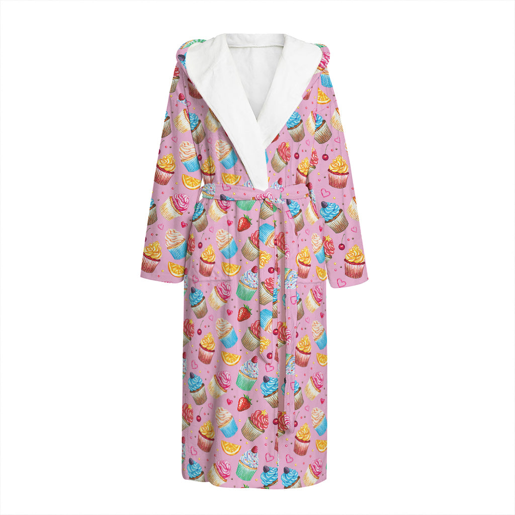 Watercolor Cupcake Pattern Print Hooded Bathrobe