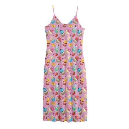 Watercolor Cupcake Pattern Print Jersey Midi Cami Dress