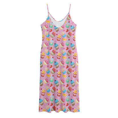 Watercolor Cupcake Pattern Print Jersey Midi Cami Dress