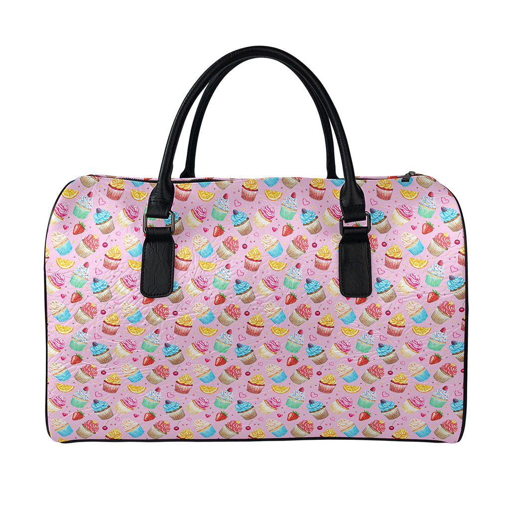 Watercolor Cupcake Pattern Print Leather Duffle Bag