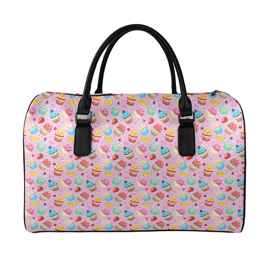 Watercolor Cupcake Pattern Print Leather Duffle Bag