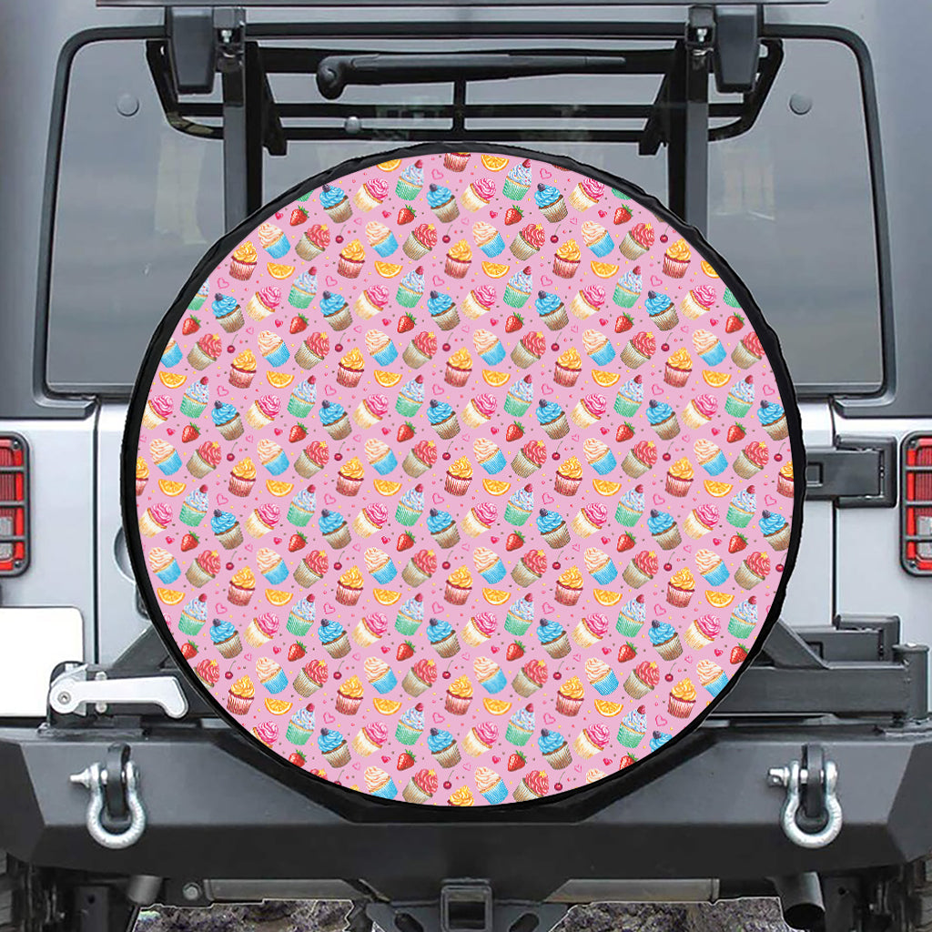 Watercolor Cupcake Pattern Print Leather Spare Tire Cover