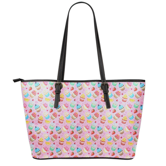 Watercolor Cupcake Pattern Print Leather Tote Bag