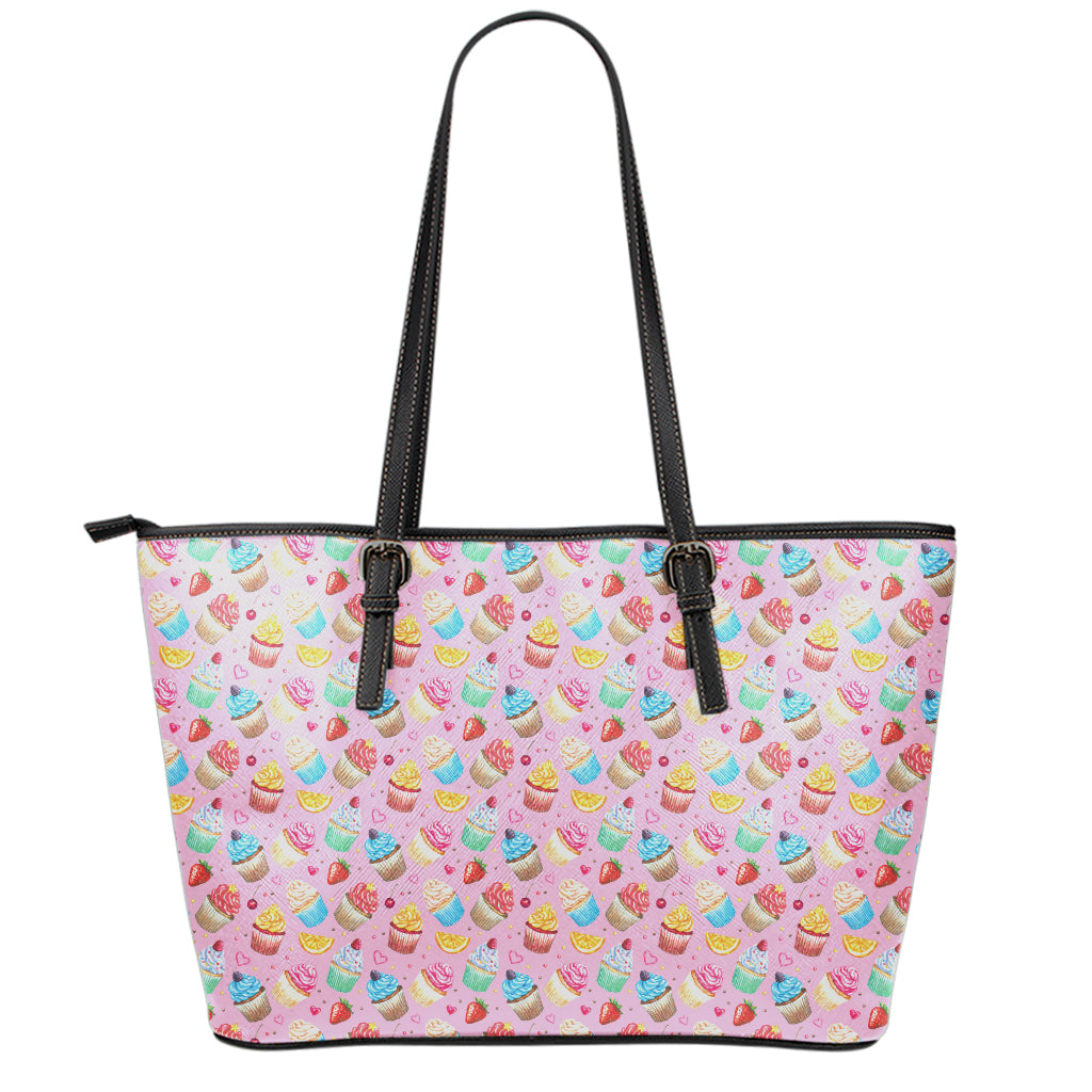 Watercolor Cupcake Pattern Print Leather Tote Bag