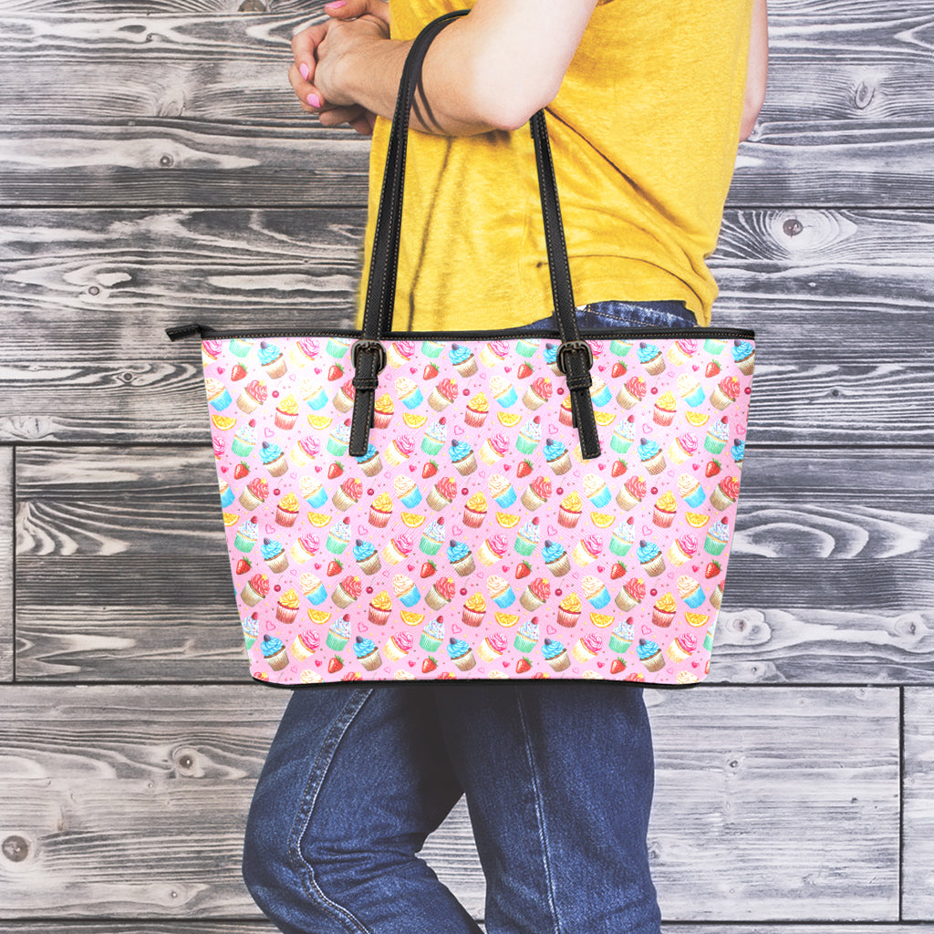 Watercolor Cupcake Pattern Print Leather Tote Bag