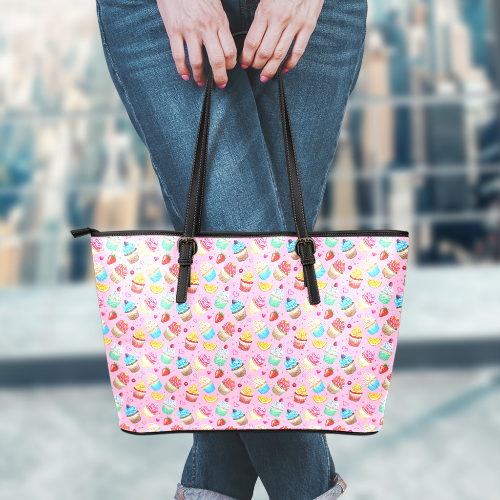 Watercolor Cupcake Pattern Print Leather Tote Bag