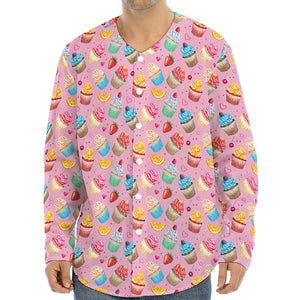 Watercolor Cupcake Pattern Print Long Sleeve Baseball Jersey