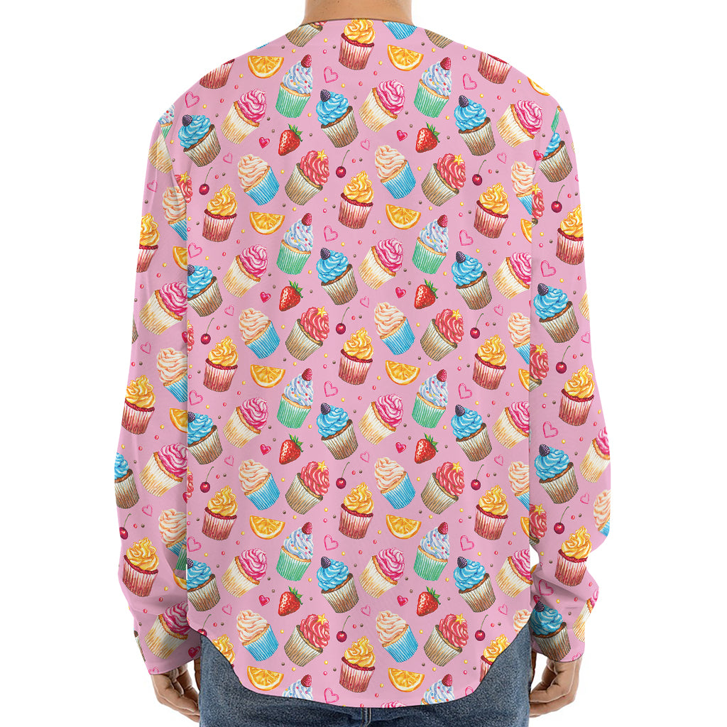 Watercolor Cupcake Pattern Print Long Sleeve Baseball Jersey