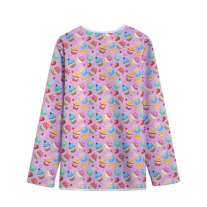 Watercolor Cupcake Pattern Print Long Sleeve Short Coat