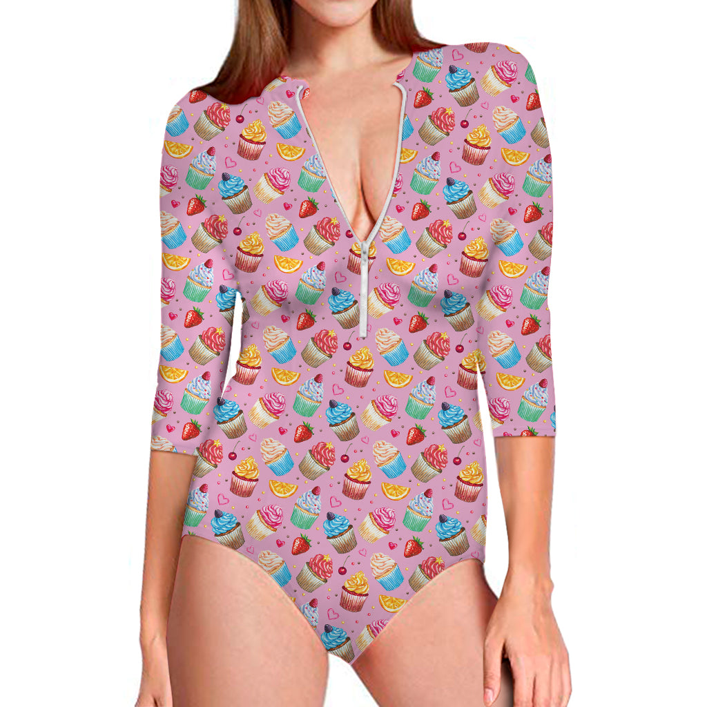 Watercolor Cupcake Pattern Print Long Sleeve Swimsuit