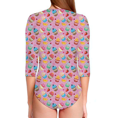 Watercolor Cupcake Pattern Print Long Sleeve Swimsuit