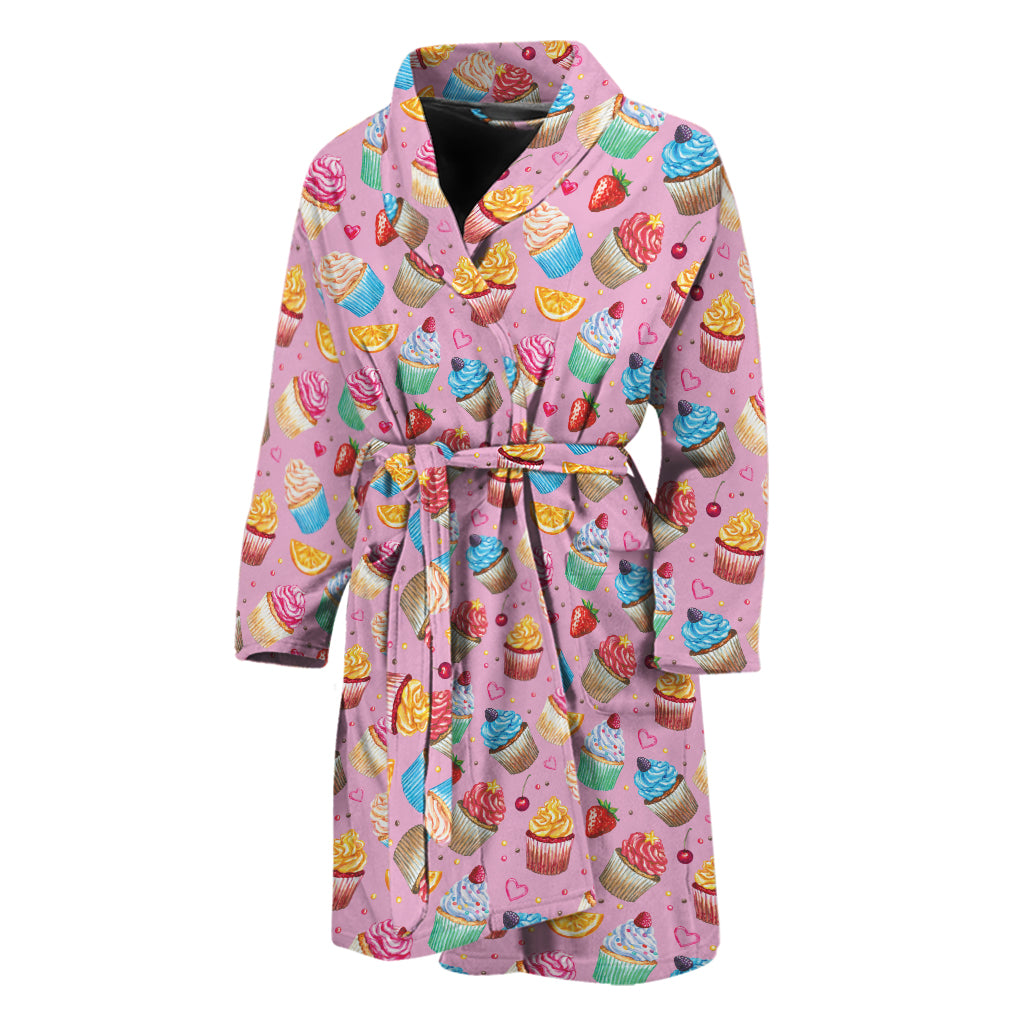 Watercolor Cupcake Pattern Print Men's Bathrobe