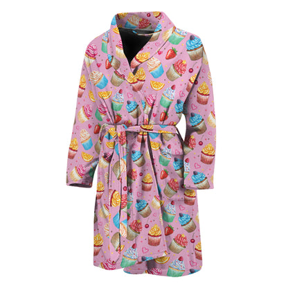 Watercolor Cupcake Pattern Print Men's Bathrobe