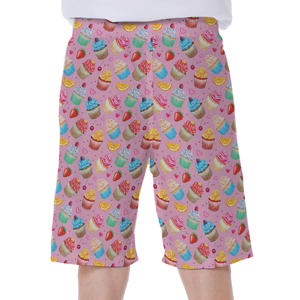 Watercolor Cupcake Pattern Print Men's Beach Shorts