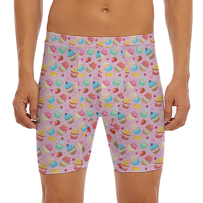 Watercolor Cupcake Pattern Print Men's Long Boxer Briefs