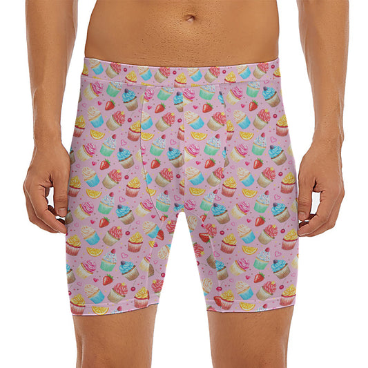 Watercolor Cupcake Pattern Print Men's Long Boxer Briefs