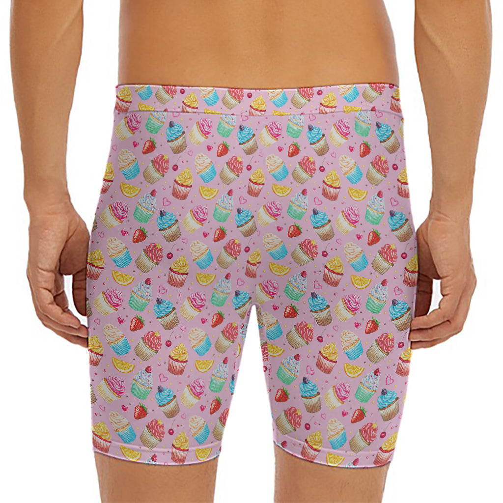 Watercolor Cupcake Pattern Print Men's Long Boxer Briefs