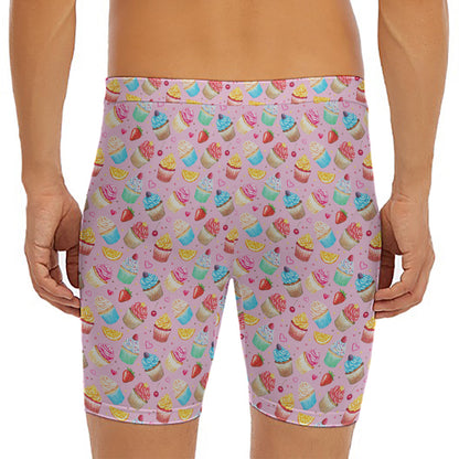 Watercolor Cupcake Pattern Print Men's Long Boxer Briefs