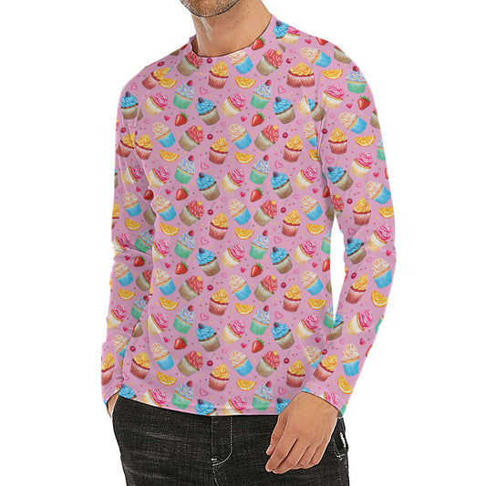 Watercolor Cupcake Pattern Print Men's Long Sleeve Rash Guard