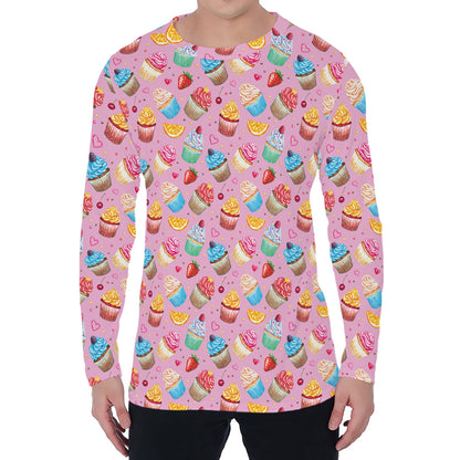 Watercolor Cupcake Pattern Print Men's Long Sleeve T-Shirt