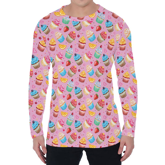 Watercolor Cupcake Pattern Print Men's Long Sleeve T-Shirt