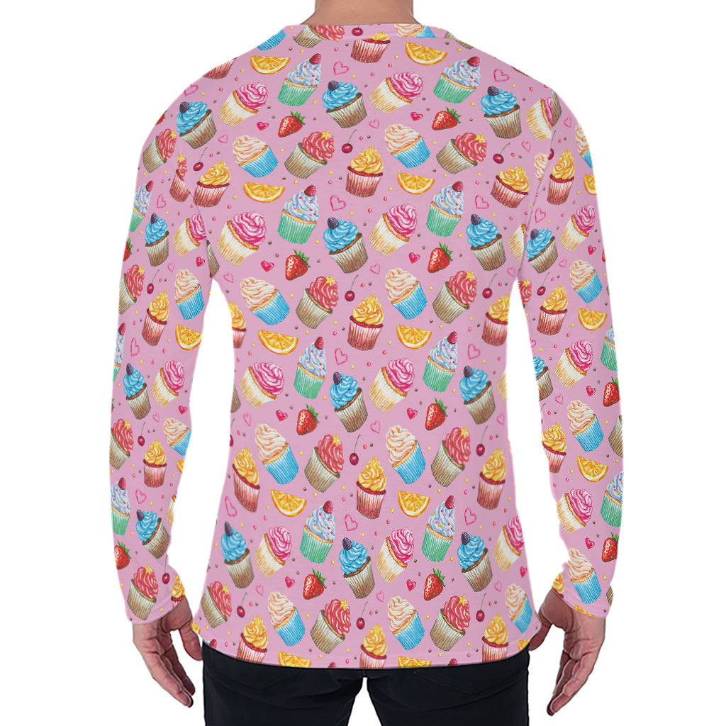 Watercolor Cupcake Pattern Print Men's Long Sleeve T-Shirt