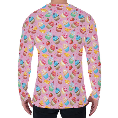Watercolor Cupcake Pattern Print Men's Long Sleeve T-Shirt