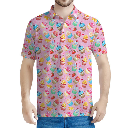 Watercolor Cupcake Pattern Print Men's Polo Shirt