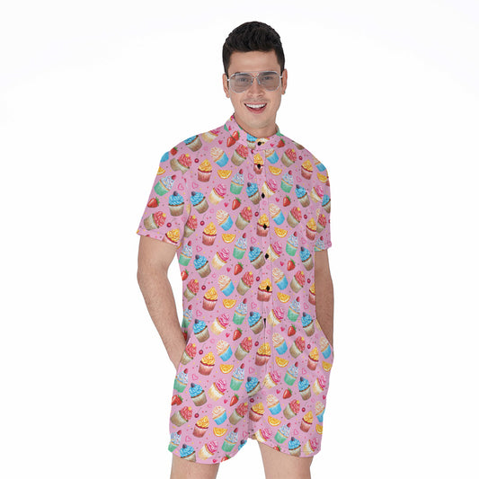Watercolor Cupcake Pattern Print Men's Rompers