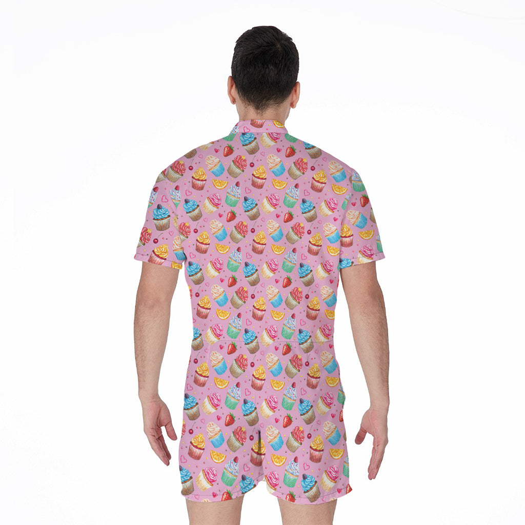 Watercolor Cupcake Pattern Print Men's Rompers