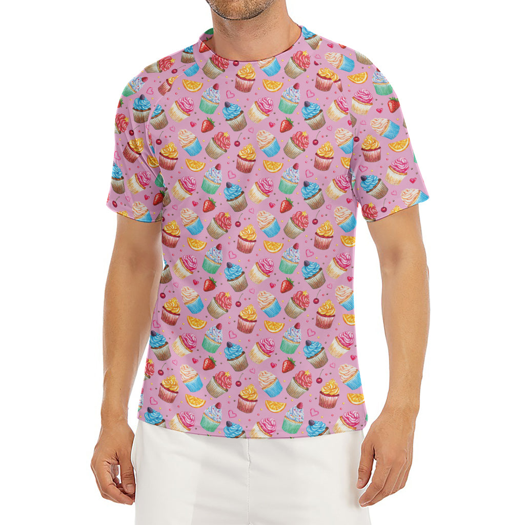 Watercolor Cupcake Pattern Print Men's Short Sleeve Rash Guard