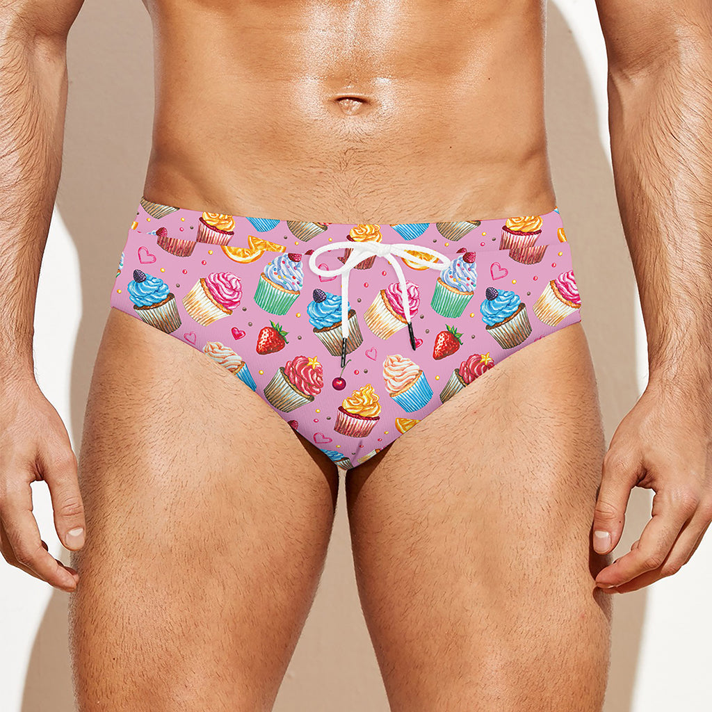 Watercolor Cupcake Pattern Print Men's Swim Briefs