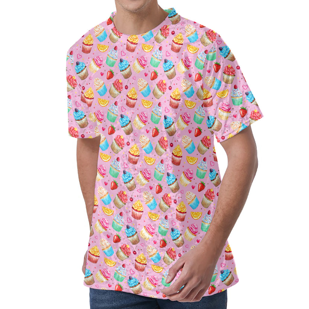 Watercolor Cupcake Pattern Print Men's Velvet T-Shirt