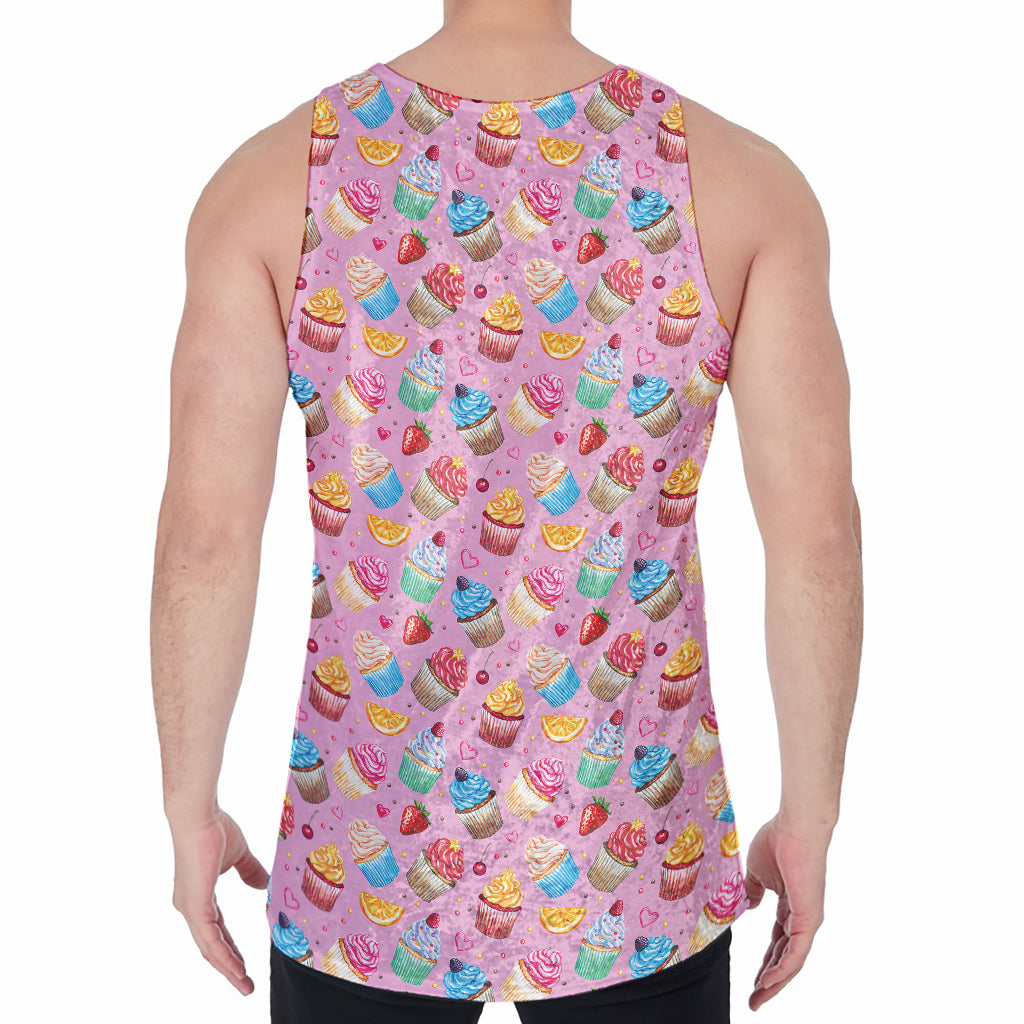 Watercolor Cupcake Pattern Print Men's Velvet Tank Top