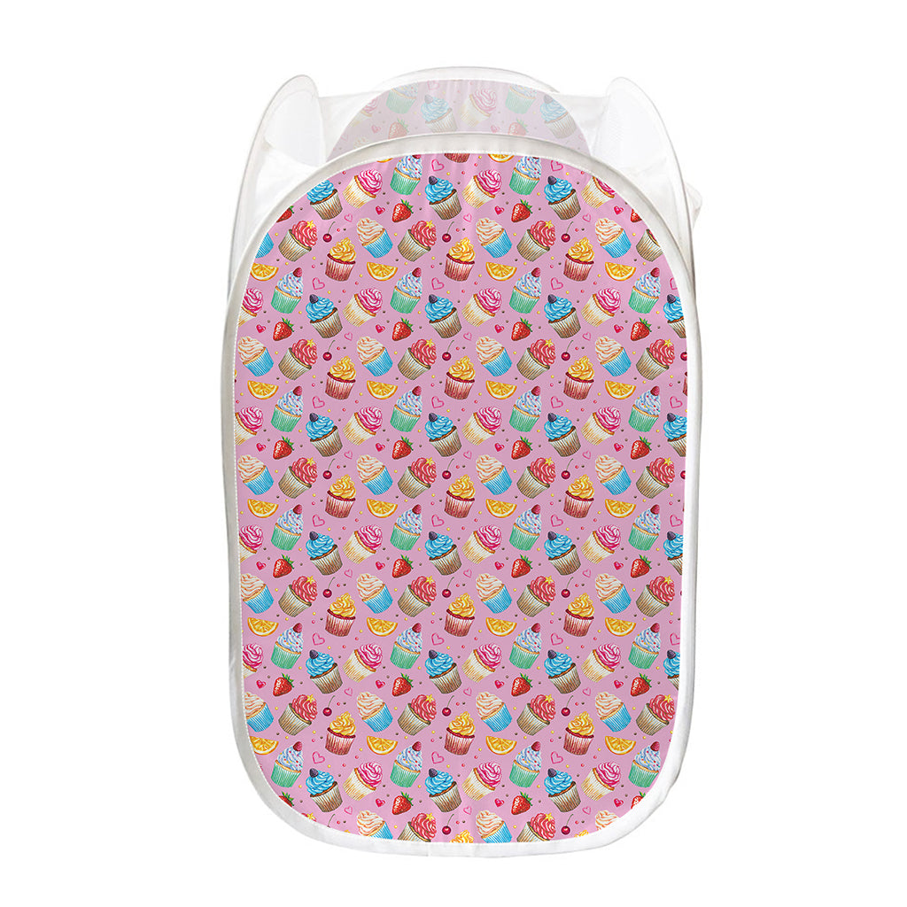 Watercolor Cupcake Pattern Print Mesh Laundry Hamper