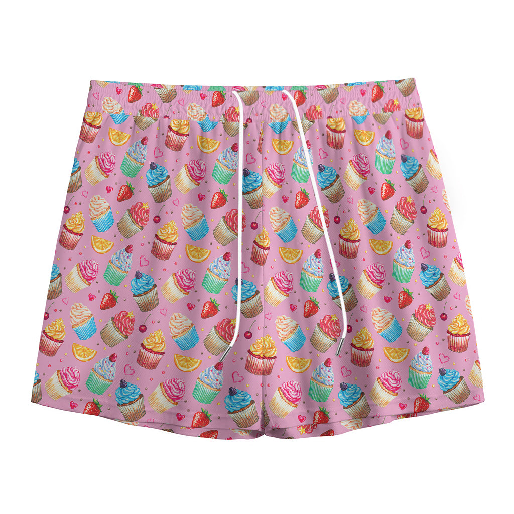 Watercolor Cupcake Pattern Print Mesh Shorts