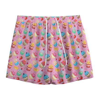 Watercolor Cupcake Pattern Print Mesh Shorts