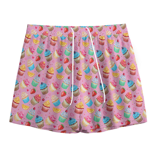 Watercolor Cupcake Pattern Print Mesh Shorts