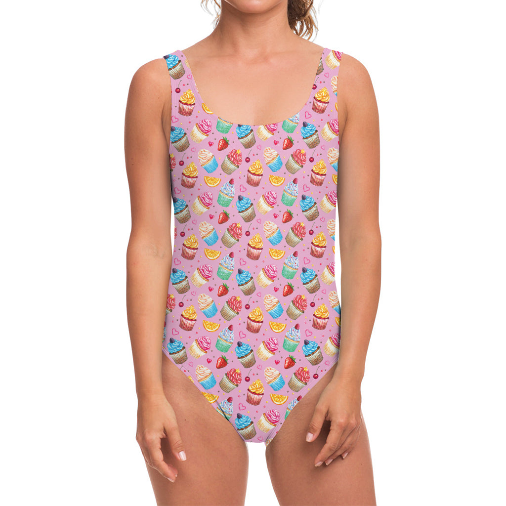 Watercolor Cupcake Pattern Print One Piece Swimsuit