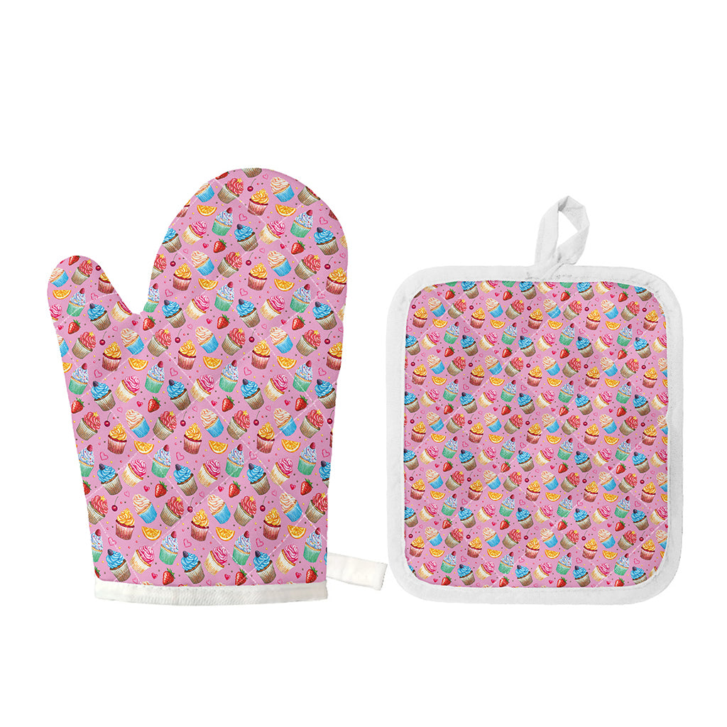 Watercolor Cupcake Pattern Print Oven Mitt And Pot Holder Set