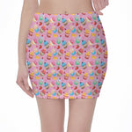 Watercolor Cupcake Pattern Print Pencil Mini Skirt