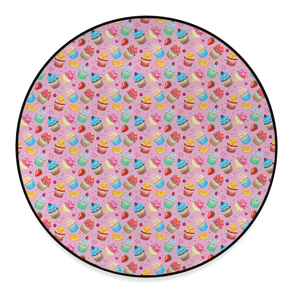 Watercolor Cupcake Pattern Print Round Floor Mat