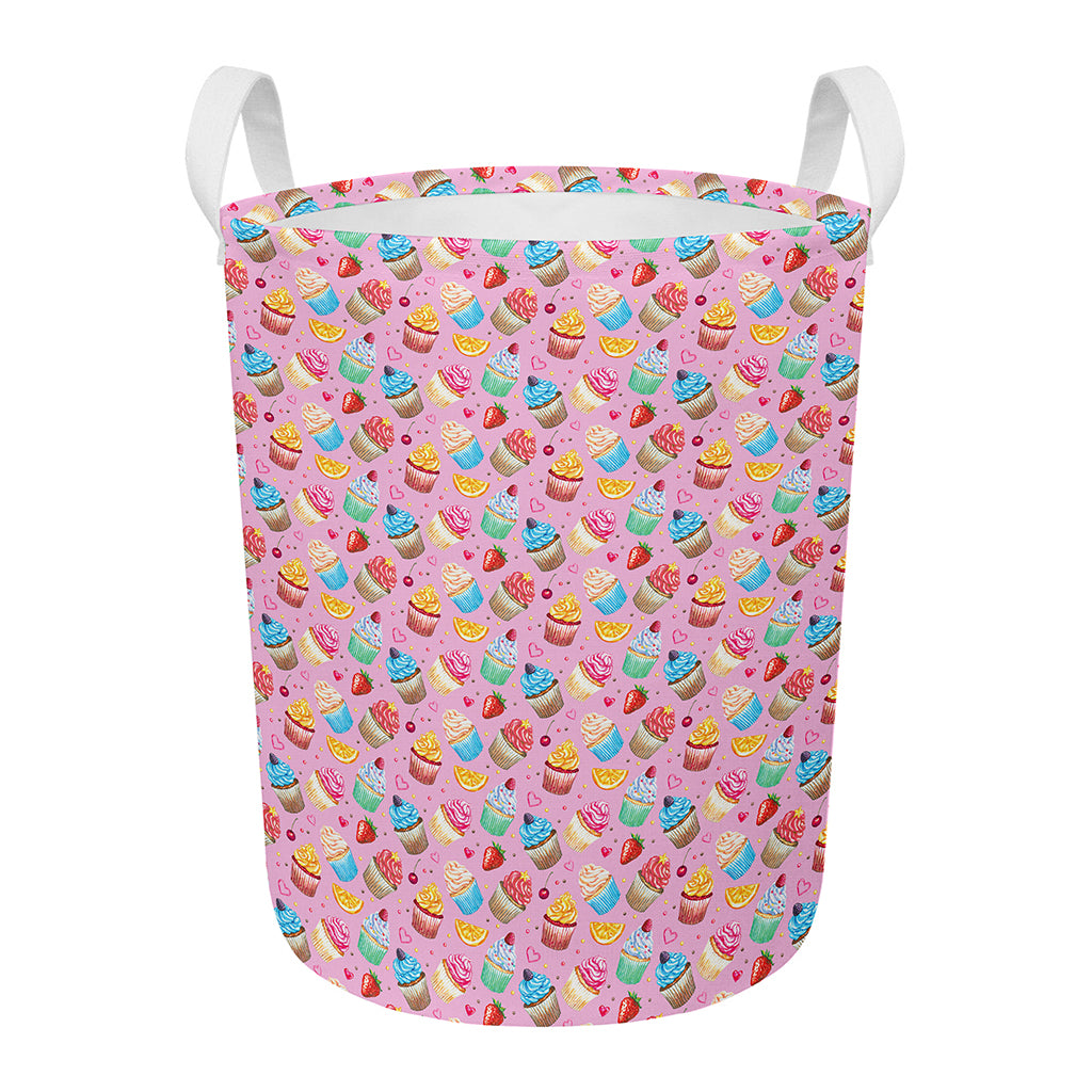 Watercolor Cupcake Pattern Print Round Laundry Basket