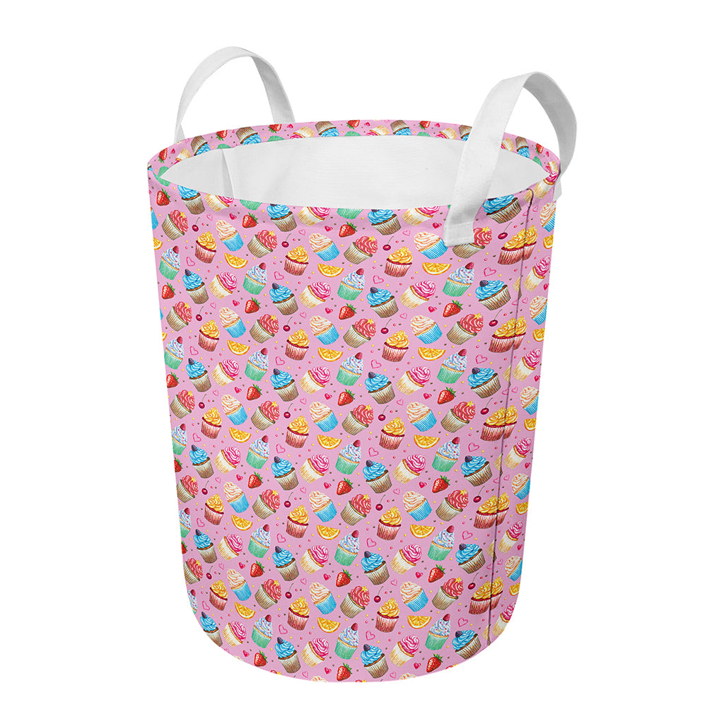 Watercolor Cupcake Pattern Print Round Laundry Basket