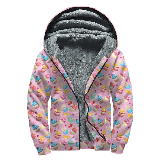 Watercolor Cupcake Pattern Print Sherpa Lined Zip Up Hoodie