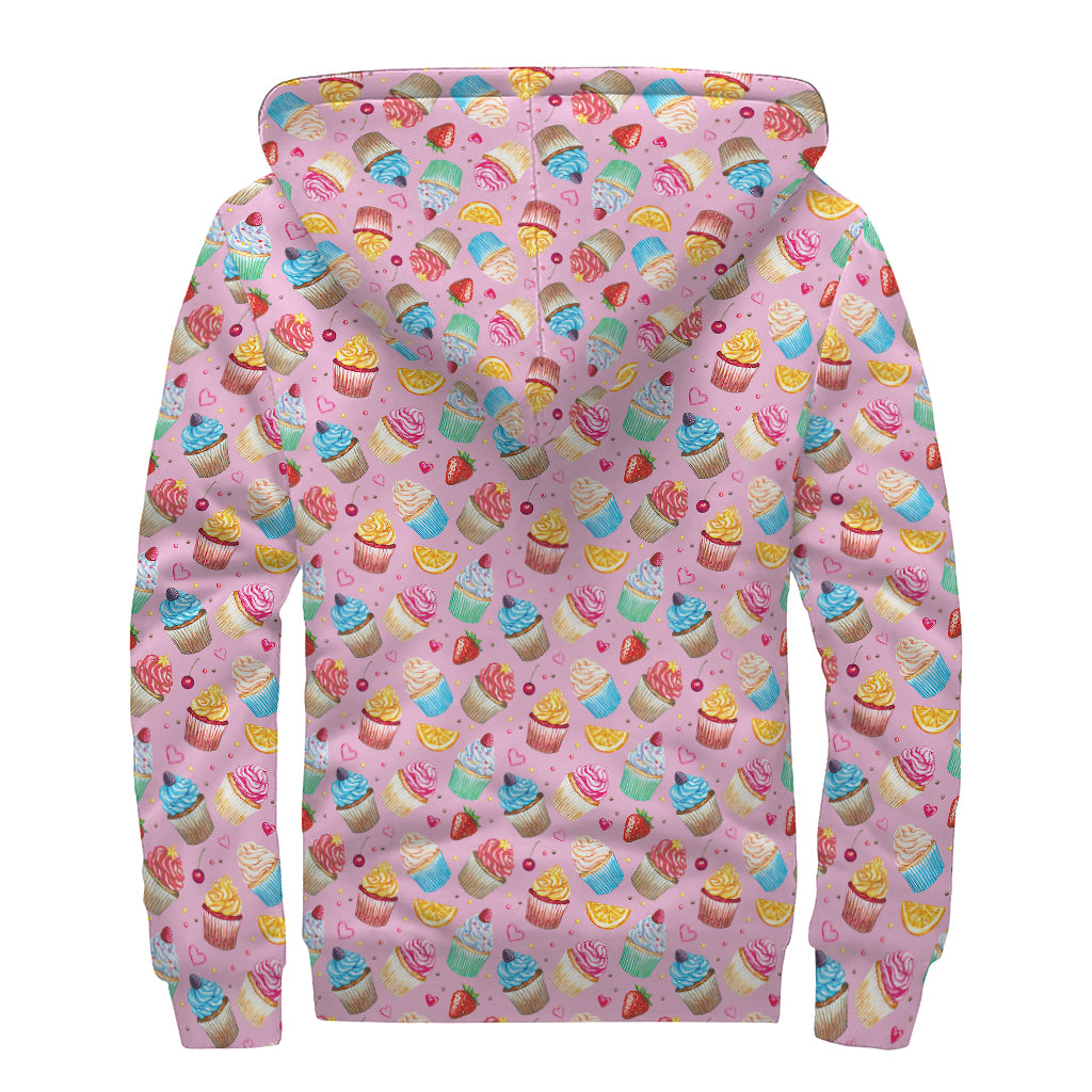 Watercolor Cupcake Pattern Print Sherpa Lined Zip Up Hoodie