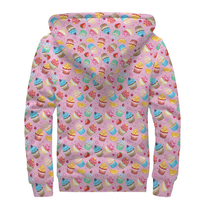 Watercolor Cupcake Pattern Print Sherpa Lined Zip Up Hoodie