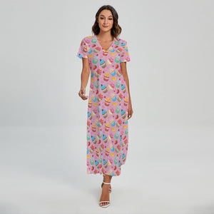 Watercolor Cupcake Pattern Print Short Sleeve Maxi Dress